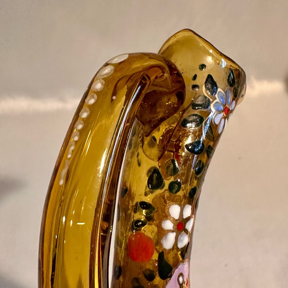 Vintage Hand-Painted Floral Enamelled Amber Hand Blown Glass Vase Pitcher Ewer - Picture 9 of 9